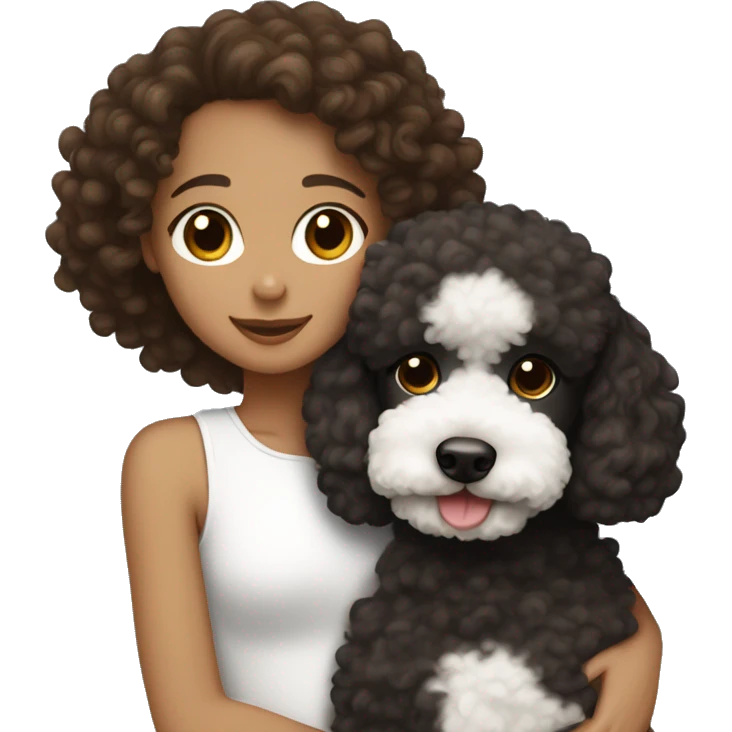 Tan girl with brown curly hair and brown eyes hugging a black and white poodle emoji