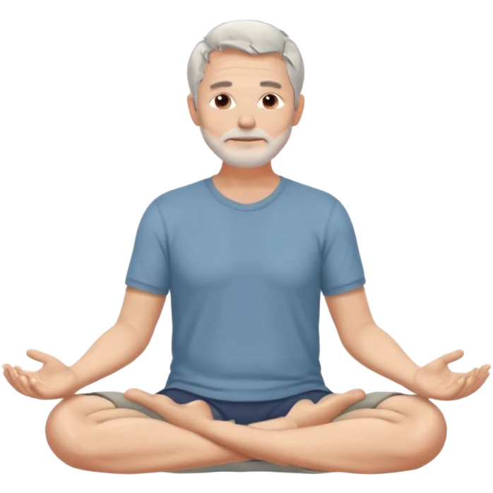 gray haired 50-year old white man peacefully meditating, legs crossed, hands in his lap, serene, calm, mindfulness, manifesting emoji