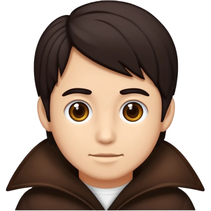 Emoji iPhone seorang pria dengan rambut hitam, dengan poni, mengenakan atasan jas berwarna coklat kehijauan , mata gelap  emoji