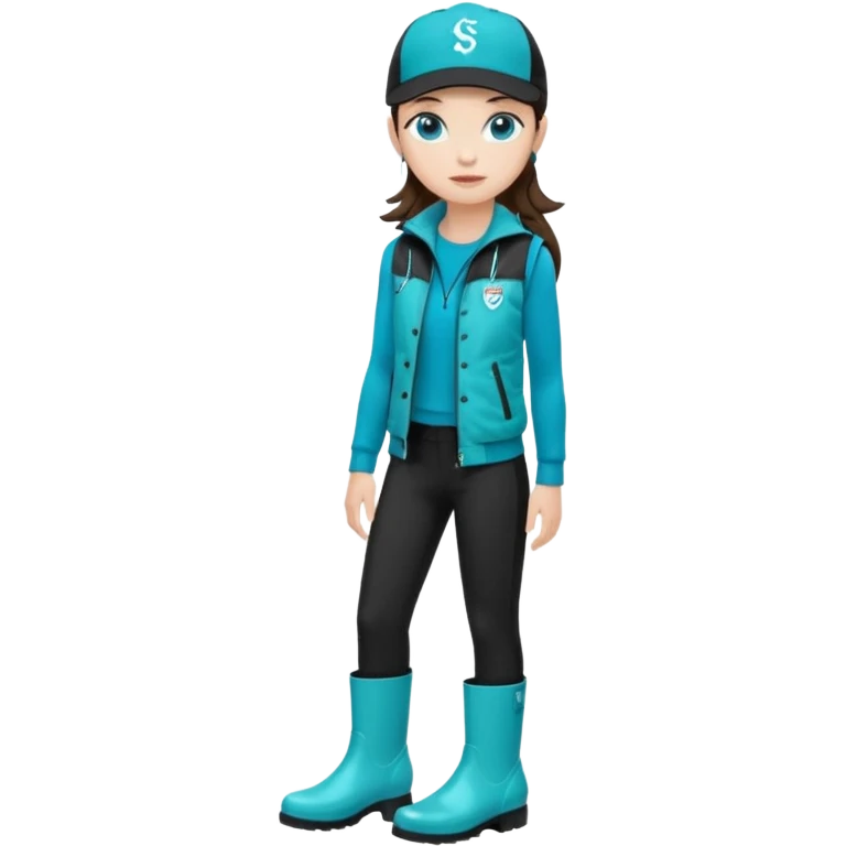 A landscaper in a beautiful turquoise jacket, turquoise rubber boots, and black pants. Over the turquoise jacket, she wears a black sleeveless vest. On her head, she wears a black Swissotel baseball cap. The girl is a brunette with blue eyes. emoji