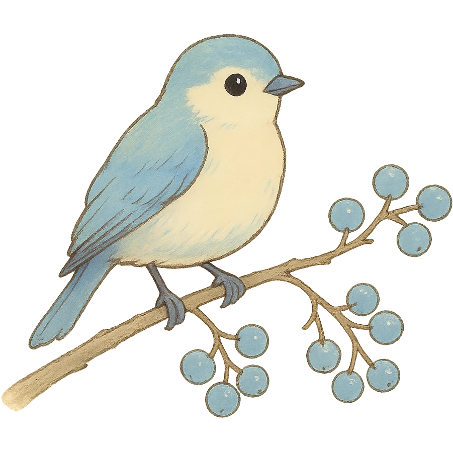 pastel bird perched on a branch with berries, soft blue and cream tones, ghibli style emoji