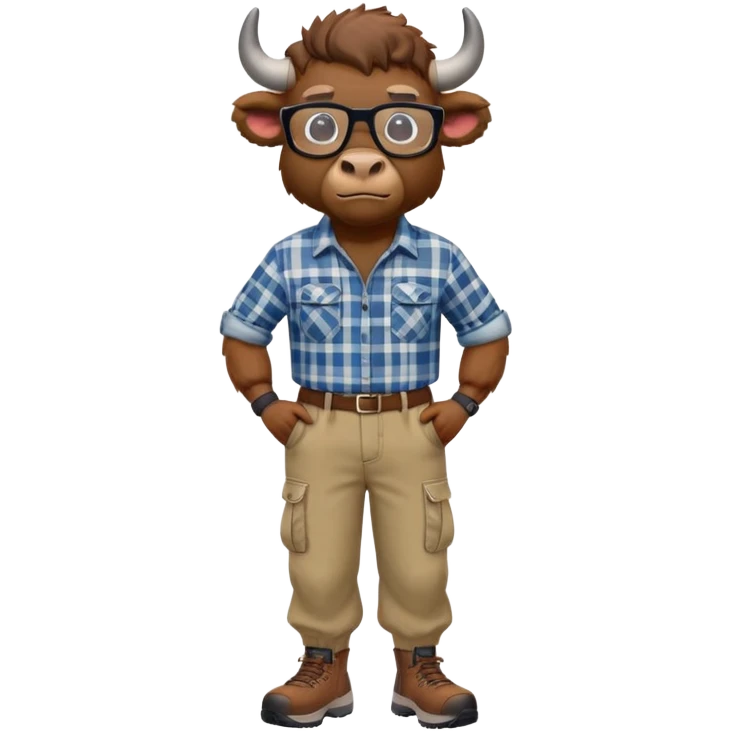 friendly anthropomorphised bison in cargo pants and plaid shirt, wearing glasses, jogging upright, relaxed pose emoji
