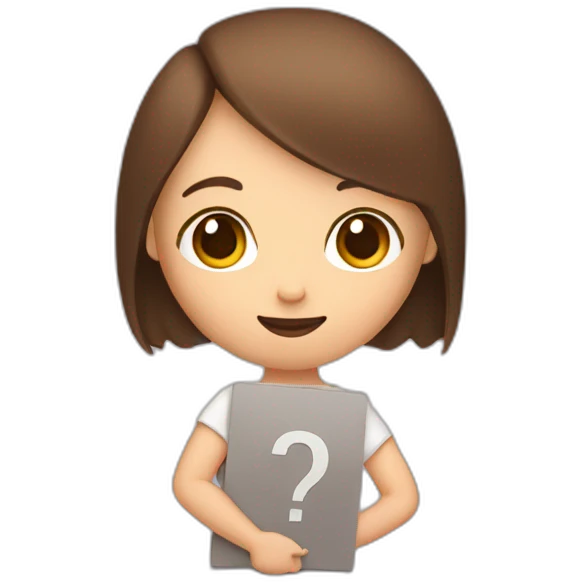 a girl with brown hair and a bob holds a question mark in her hand emoji