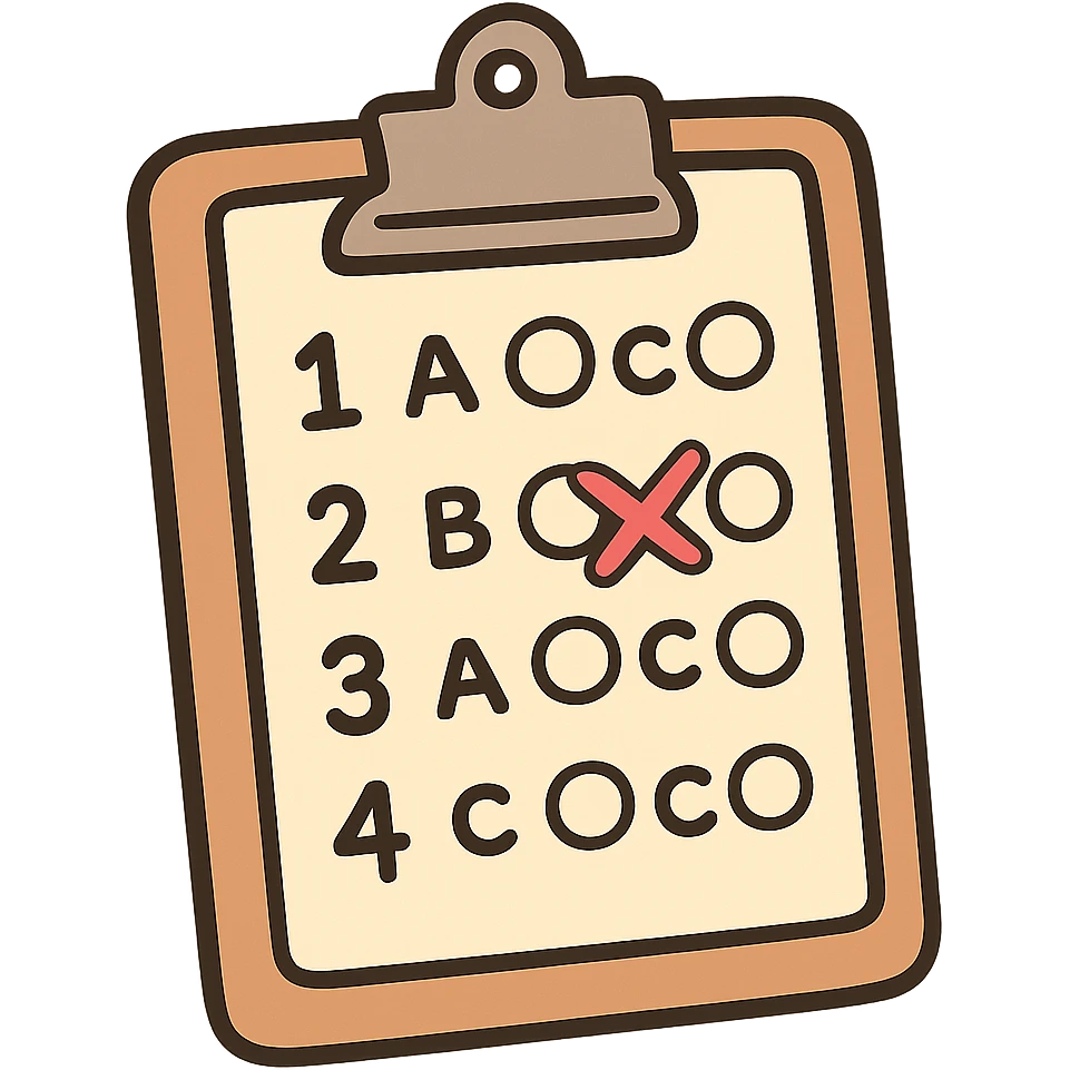 exam icon, clipboard with multiple choice answers, cartoon style emoji