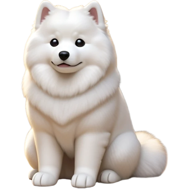 cinematic-[samoyed]-realistic-full-body-sitting-emoji,-tail-resting-loosely-beside-its-paws,-head-tilted-dramatically, -fluffy-[white]-fur,-simplified-yet-realistic-focused-features,-highly-detailed,-glowing-with-an-almost-sarcastic-glow emoji