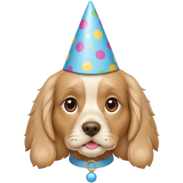 Light Beige cocker spaniel, light blue eyes, wearing a party hat emoji