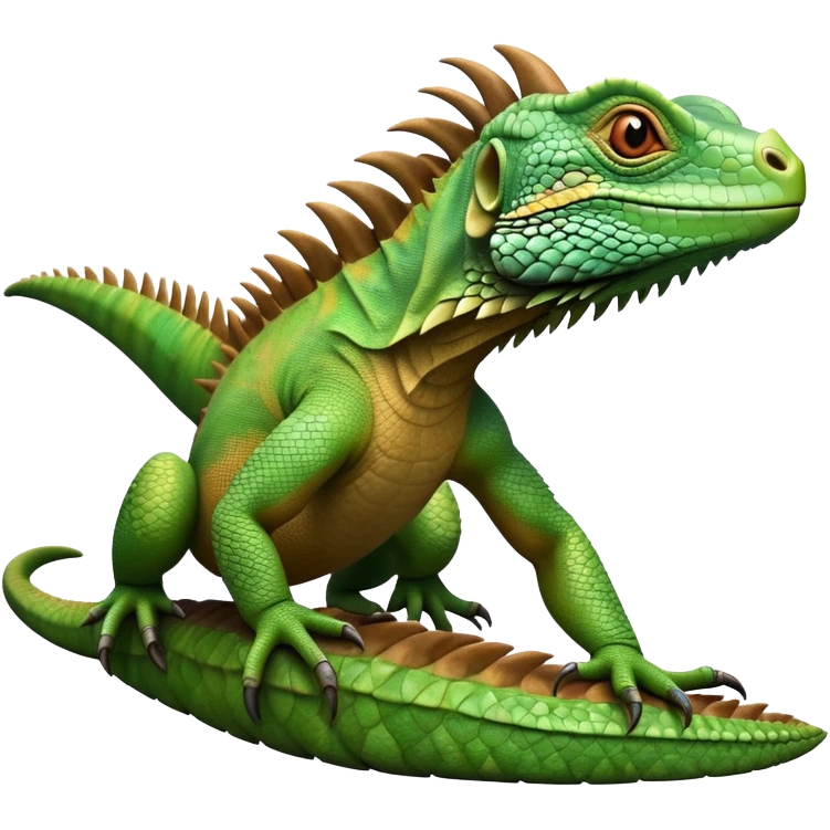 cinematic-iguana-realistic-full-body-basking-emoji,-long-scaly-body-stretched-out,-spiny-ridge-running-down-its-back,-textured-green-and-brown-skin-dappled-with-light,-sharp-intelligent-eyes-studying-the-surroundings emoji