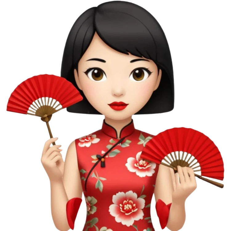 a chinese woman wearing a cheongsam holding a folding fan elegantly with fancy, red lipstick and short black hair emoji