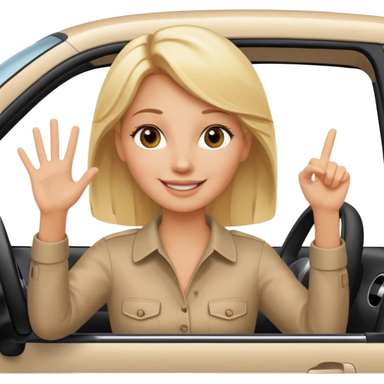 blonde woman driving car. one hand up Happy face confidence emoji