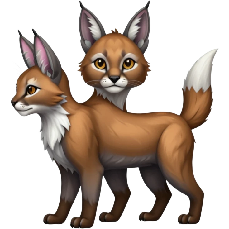 Realistic patterned marked edgy greyish blackish whitish silvery coppery Shiny Colorful Glossy Caracal-Fox-Cabbit-Lion-Lynx-Bobcat-fusion-animal-hybrid-creature, full body, big-tufted-bat-ears, long-thin-tufted-white-tipped-tail emoji