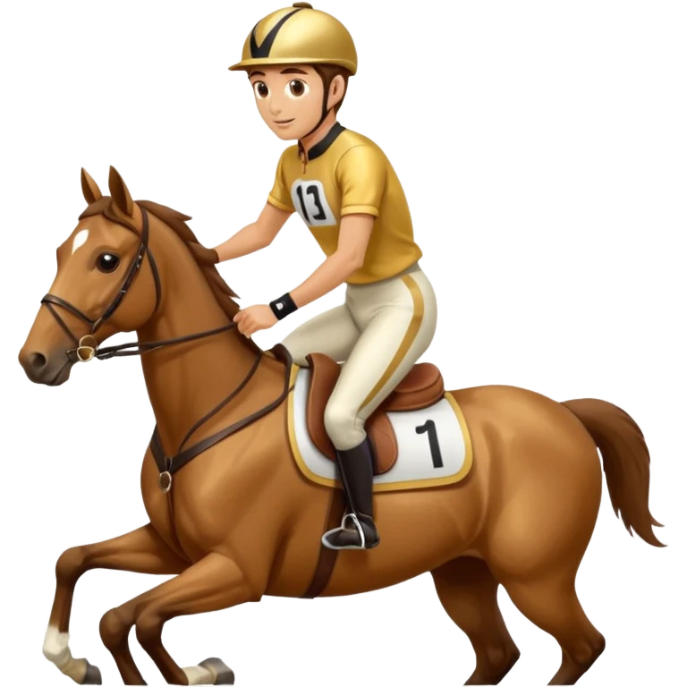 a jockey riding a running horse gold jersey and saddle number 1 emoji