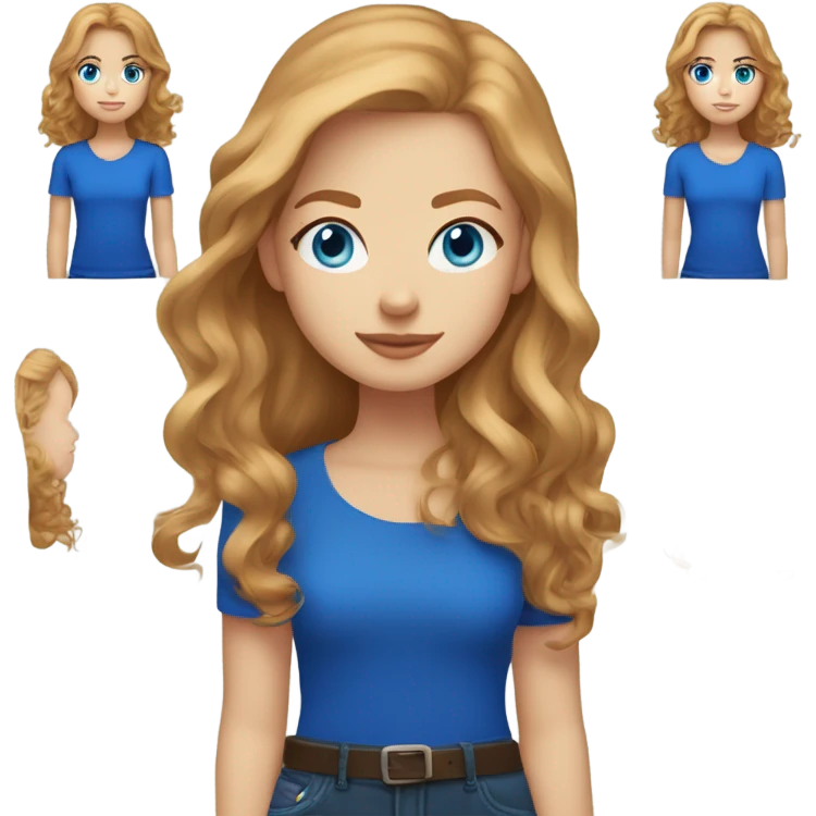 Hair down and blown out Strawberry blonde girl with blue eyes light skin wearing a royal blue shirt  emoji