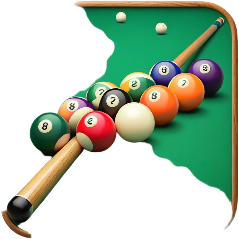 A close-up of a pool cue aimed at a set of colorful billiard balls resting on a green felt table. The focus is on the cue stick and the arrangement of balls, with subtle details of the game’s texture and atmosphere, emphasizing the precision and skill of billiards. emoji