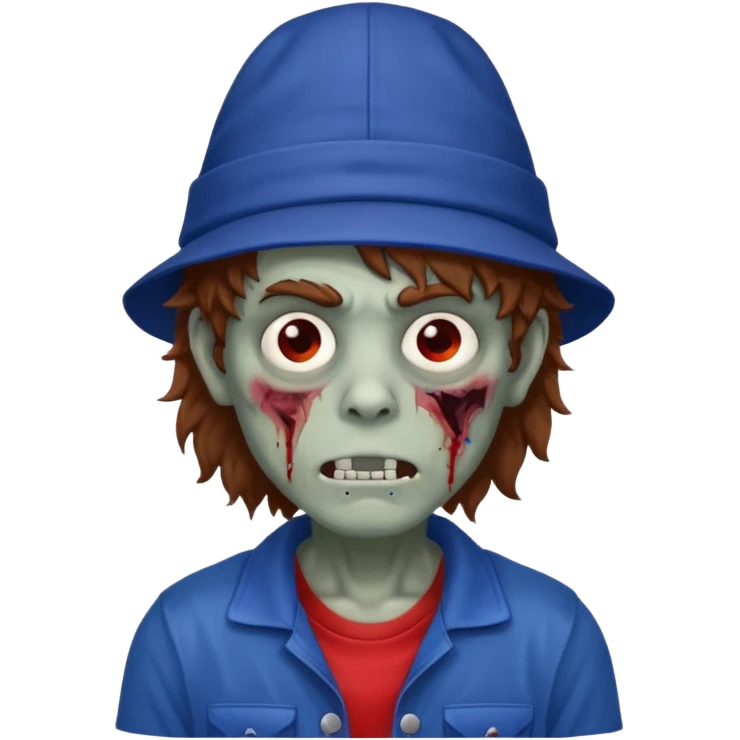 brown fluffy hair zombie with blue and white hat dark blue jilet red t shirt emoji