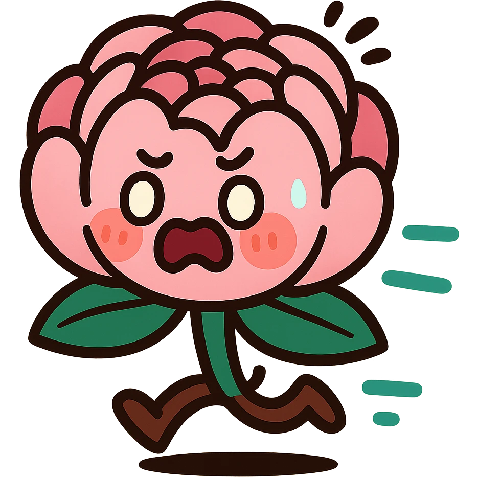 round chibi pastel pink peony flower with blushing cheeks and a panicked expression, rushing with tiny legs, vibrant toon style emoji