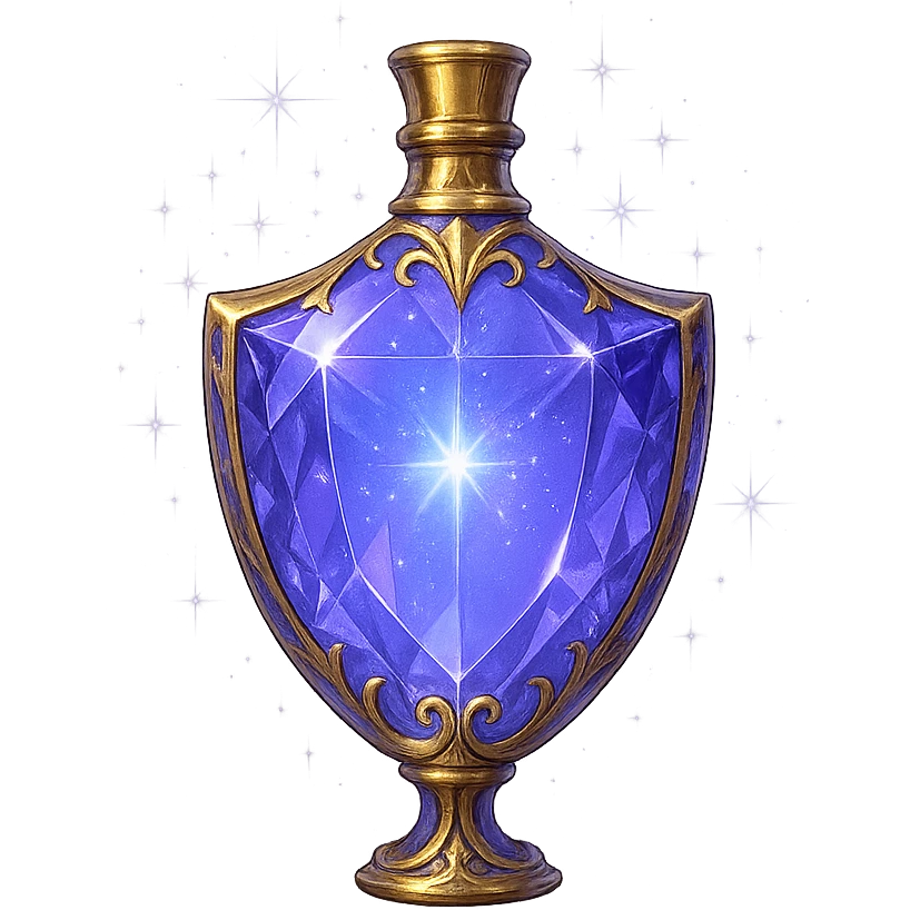 premium class crystal elixir bottle in shield shape, color #7986cb, lots of shining, edges, ornaments, golden details, magical effects, very small golden neck, transparent background, beautiful seamless bottom, bottle clearly floating in air, no base or shadow, very luxurious, modern, fits collection emoji