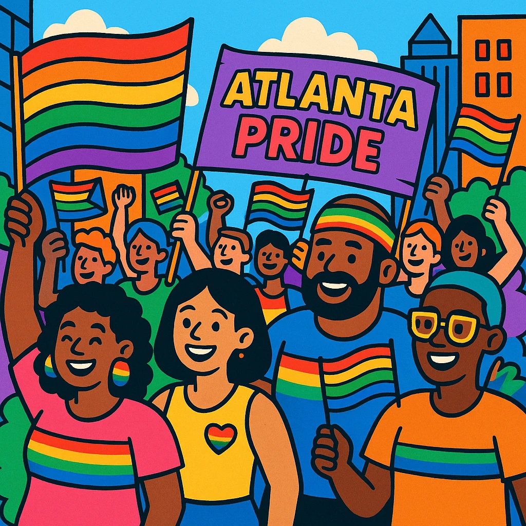 Atlanta Pride parade in a vibrant cartoon style, with rainbow flags and diverse, smiling characters emoji