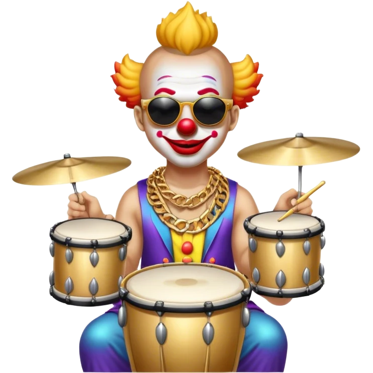 Clown with big golden chain on the neck wearing sunglasses plays drum kit full height emoji