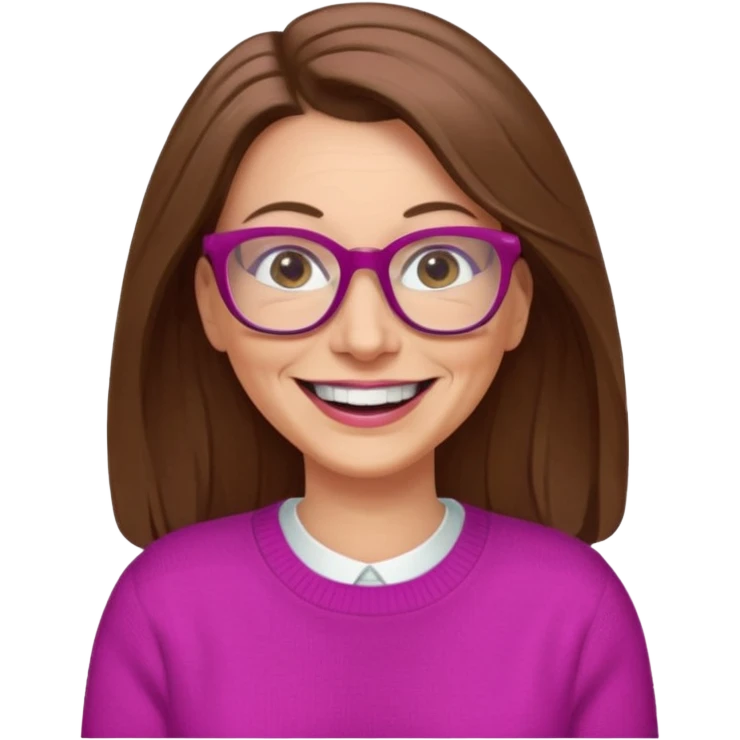 50 yr Caucasian woman, long brown hair parted on side, brown eyes, glasses, big smile, white teeth, fuscia sweater emoji