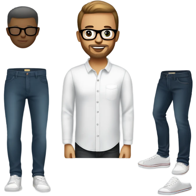 short hair, light beard, plain t-shirt or button-down shirt, dark jeans, and sneakers. Accessories include a smartwatch and modern glasses, with a minimalist, practical style that balances comfort and professionalism. emoji