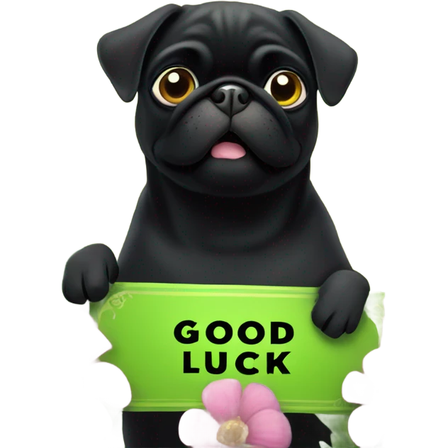 Black pug , surrounded by flowers, holding a green sign that says “good luck”  emoji