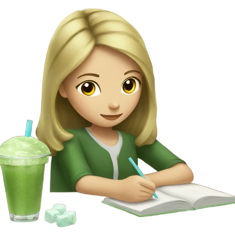 Girl studying and drinking ice matcha  emoji