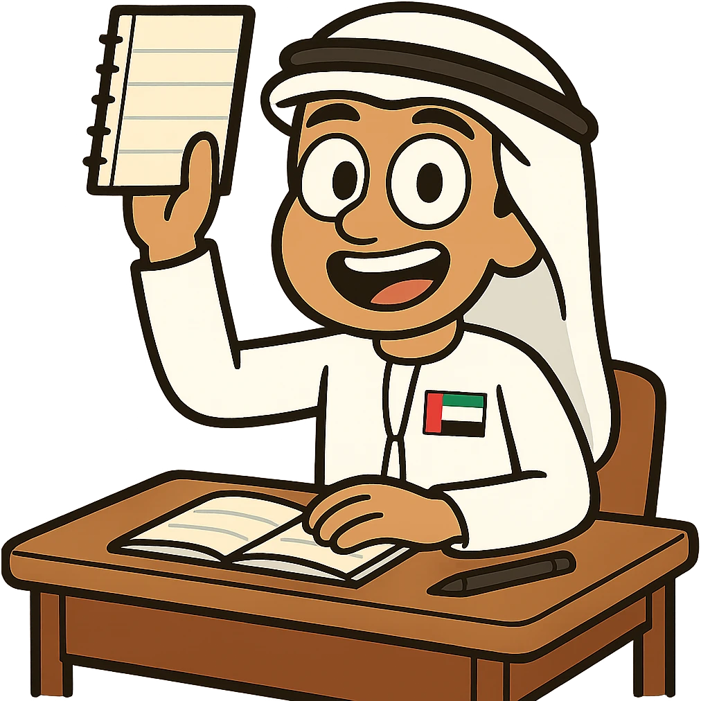 Edit the cartoon character to wear traditional Emirati attire and include the UAE flag, symbolizing class participation, with no background. emoji