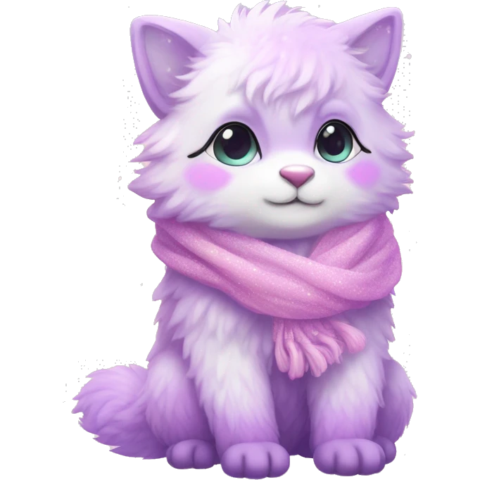 Kawaii cute gorgeous colorful sparkly bright light pastel lilac-pink-white-gradient fantasy ethereal fluffy fursona animal creature with a cute scarf full body emoji