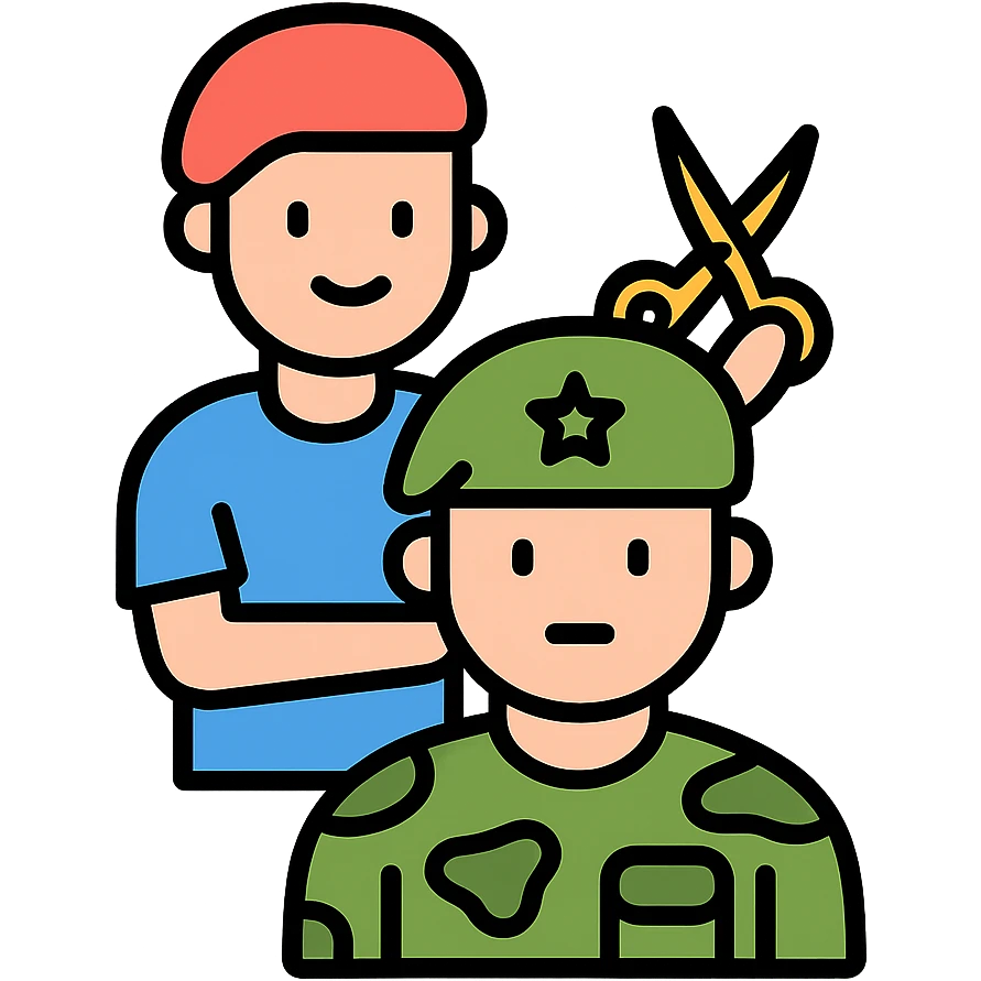 a soldier man getting a haircut, color outline icon style emoji