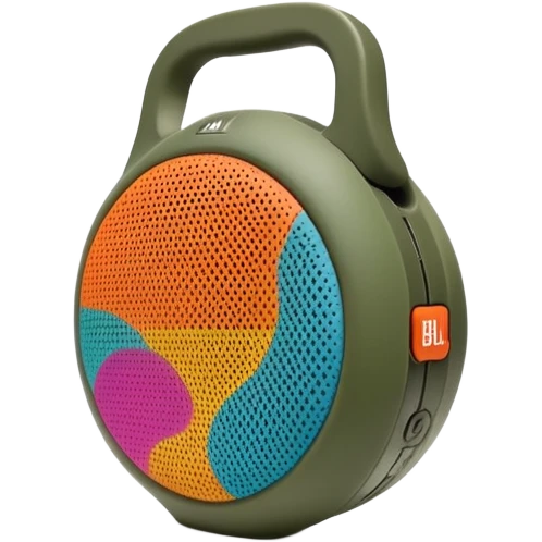 Highly minimalist JBL Clip 4 portable speaker, abstract shape with simplified camo spots, iOS emoji style emoji