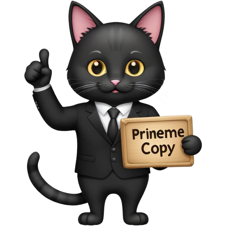 A cat in a black business suit holds a sign with the inscription "PrimeCopy" with one paw and shows a like with the other paw emoji