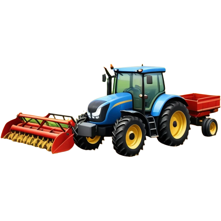 An icon representing a farming simulator, with a detailed tractor plowing fields under a bright sky with rural landscape. The design includes farming tools, crops and barns, symbolizing the immersive experience of managing a farm. Transparent background. emoji