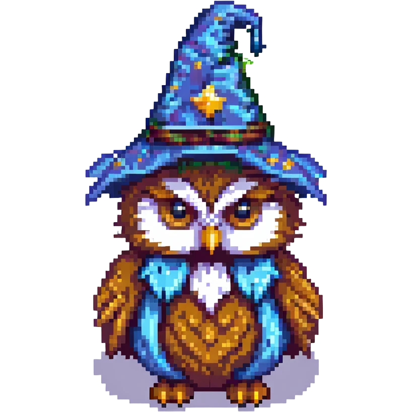 owl with a starry wizard hat pixel art emoji