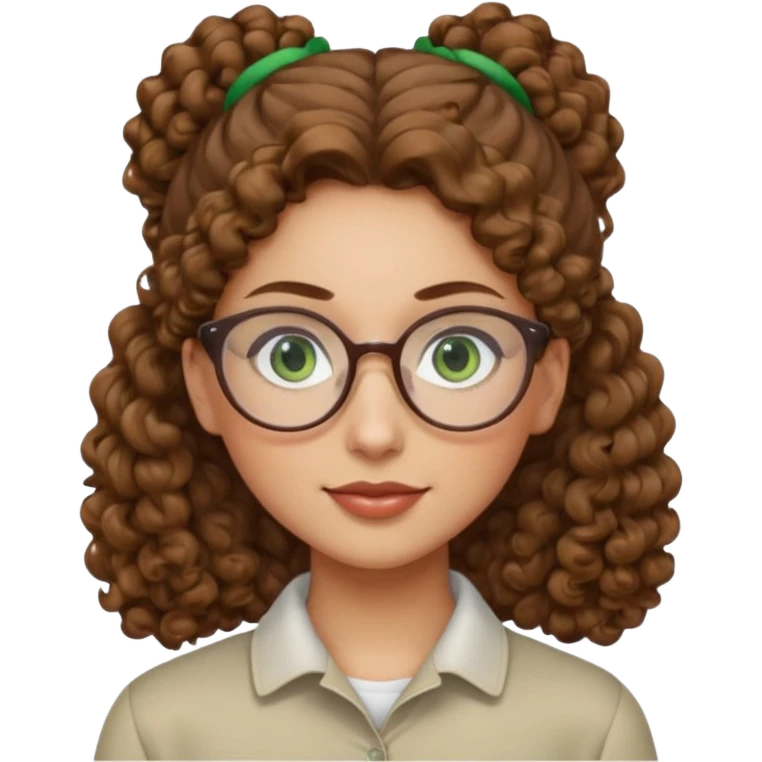 iranian woman, tight curly light brown hair in pony tail, glasses, green eyes, pretty, oval shape face emoji