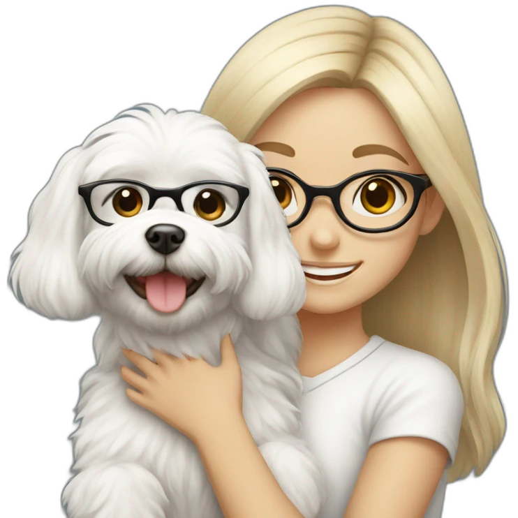 smiling girl with glasses with a white Maltese dog in her arms emoji