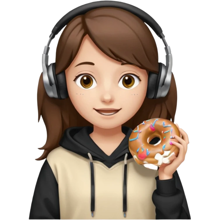 a girl with long brown hair green and wearing black headphones she is wearing a cream coulor baggy hoddie she is happyish holding a donut emoji