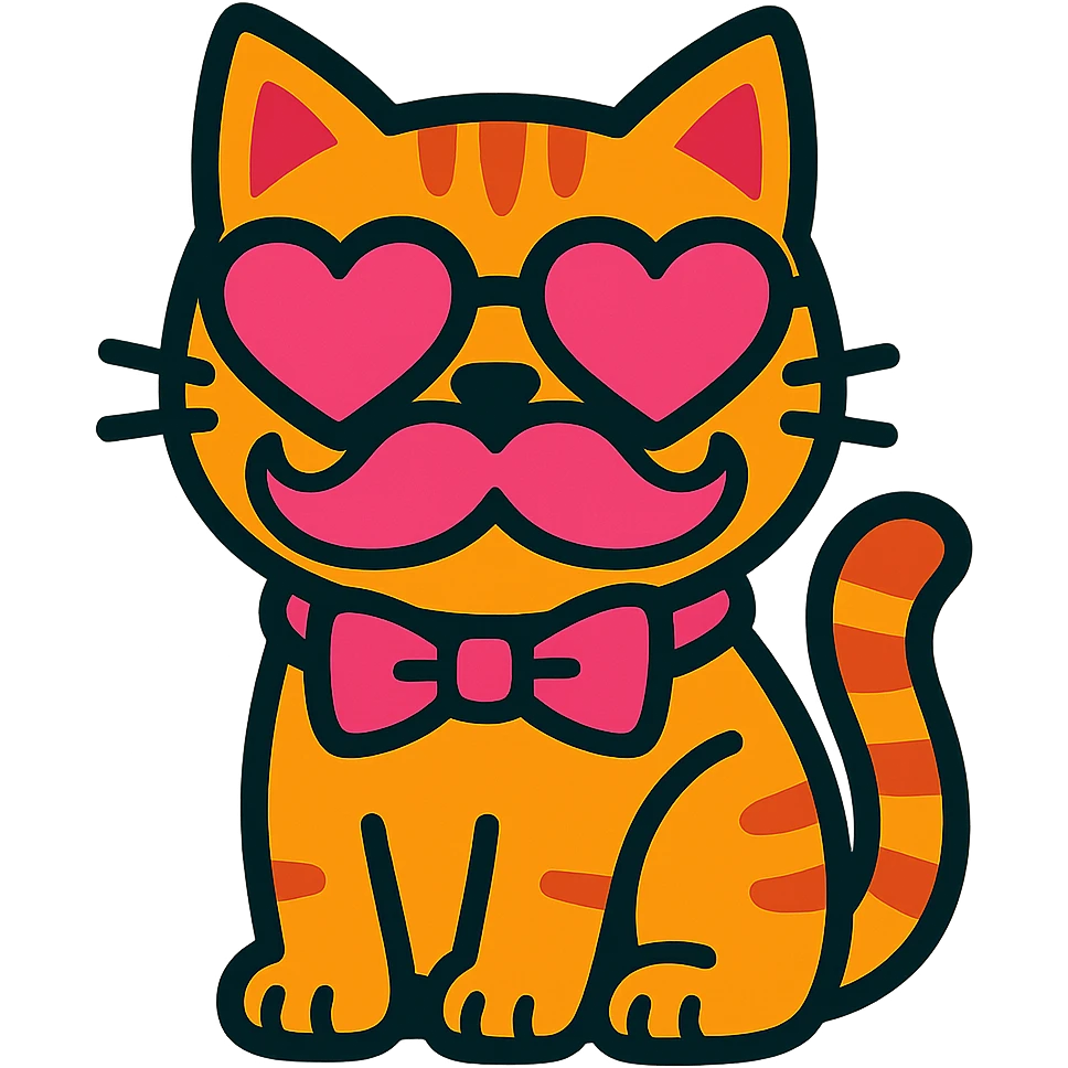 cat with pink heart sunglasses, pink moustache, and pink bow in vibrant toon style emoji
