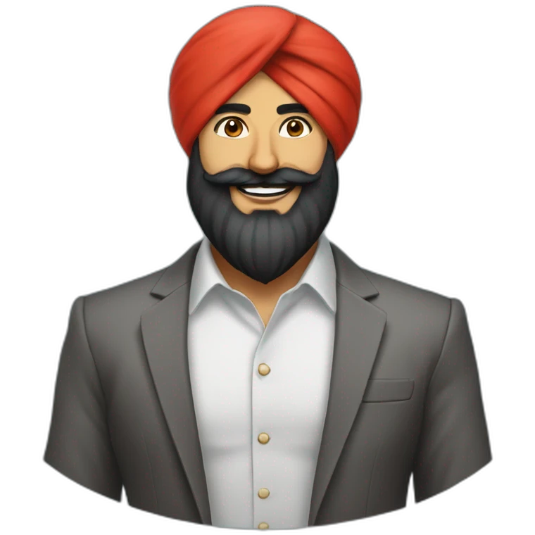 sikh businessman wearing a red turban, black full beard with moustaches, smile emoji