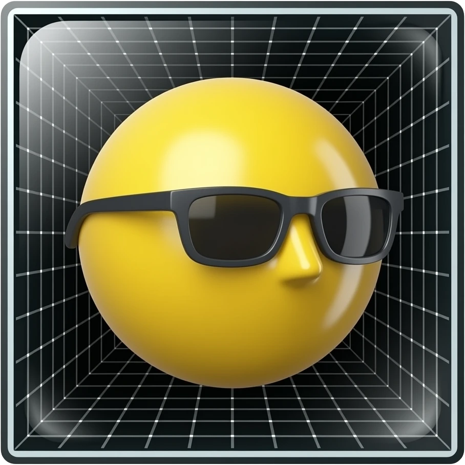 Emoji de cara amarilla con gafas de sol gira lentamente, la luz se refleja en su superficie, el fondo de cuadrícula permanece estático. hacer que el emoji se vea mas moderno y que el fondo sea negro darle un toque futurista y en 3d emoji
