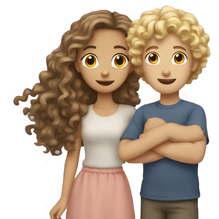 brown hair girl with blonde boy with curly hair holding her emoji