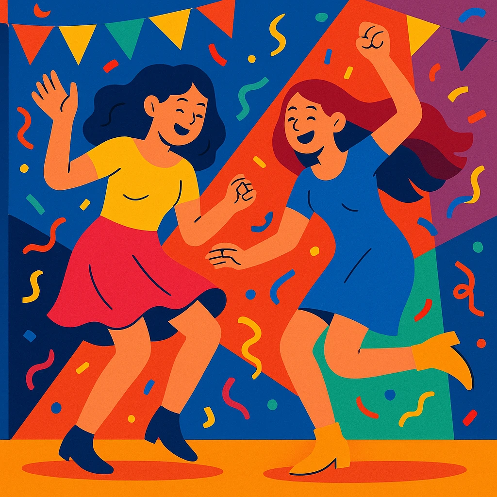 two girls dancing energetically at a party, celebration scene, vibrant, colorful, joyful emoji