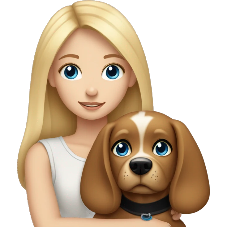 Blond girl with blue eyes cuddles a brown dog with black eyes  emoji