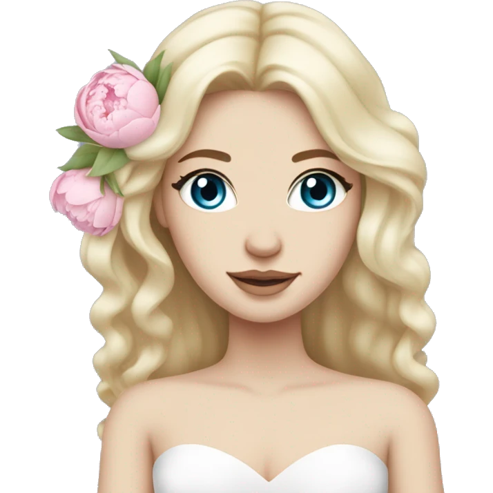White bride with long light blonde hair and blue eyes with light pink peonies in hair white skin  emoji