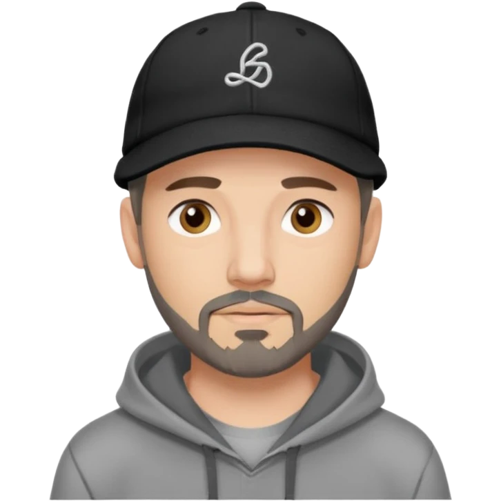 Hombre de ojos claros, con barba fina y perilla, gorra negra bordada, y sudadera gris. Expresión relajada y estilo urbano. emoji