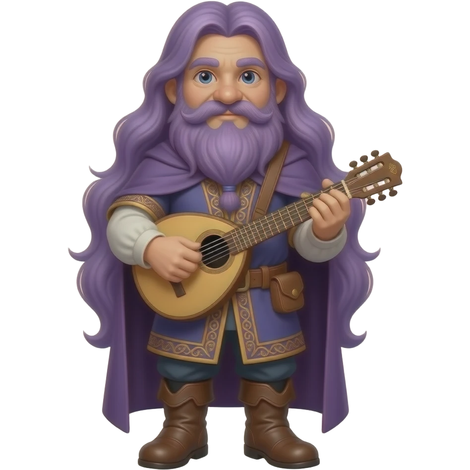 A gnome dressed in medieval bard outfit . Purple hair emoji