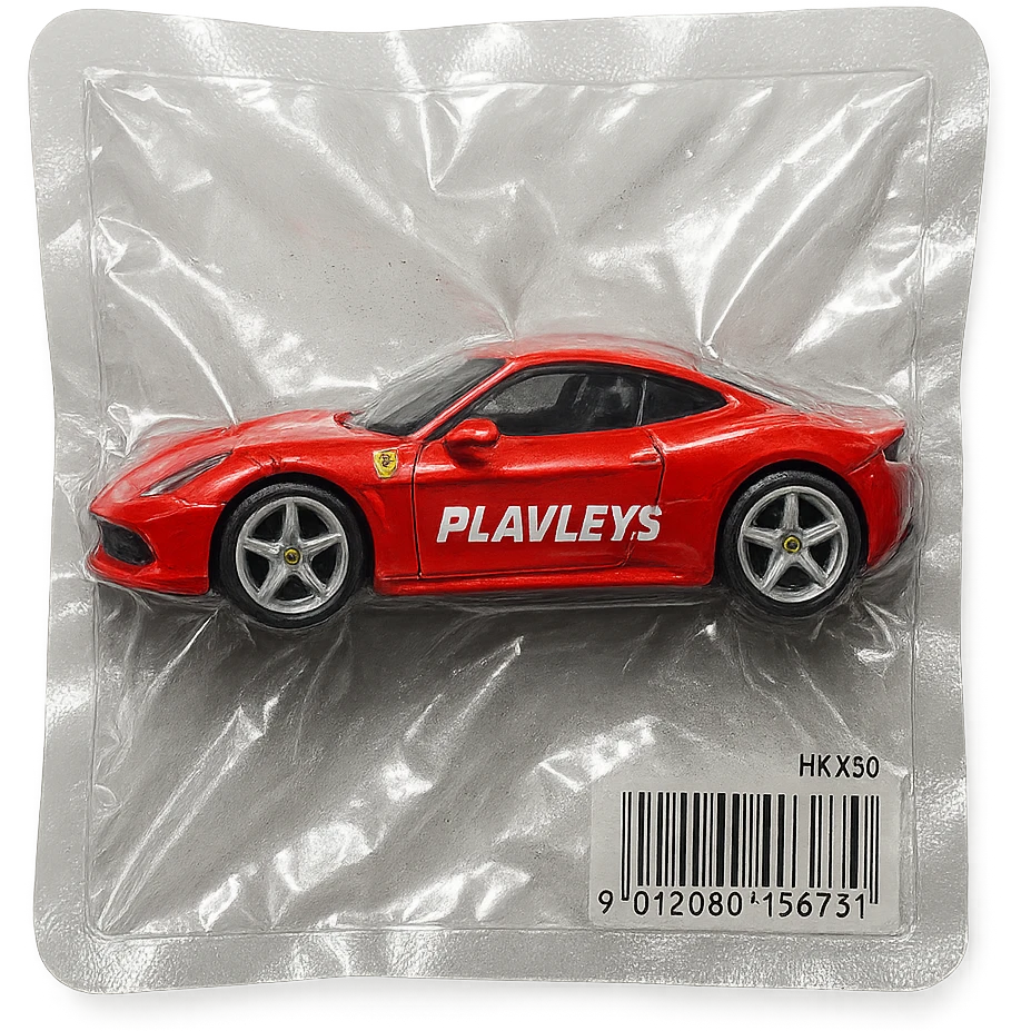 red Ferrari car with the word 'PLAVLEYS' on the side, inside a Hot Wheels style blister package, glossy and puffy, no background emoji