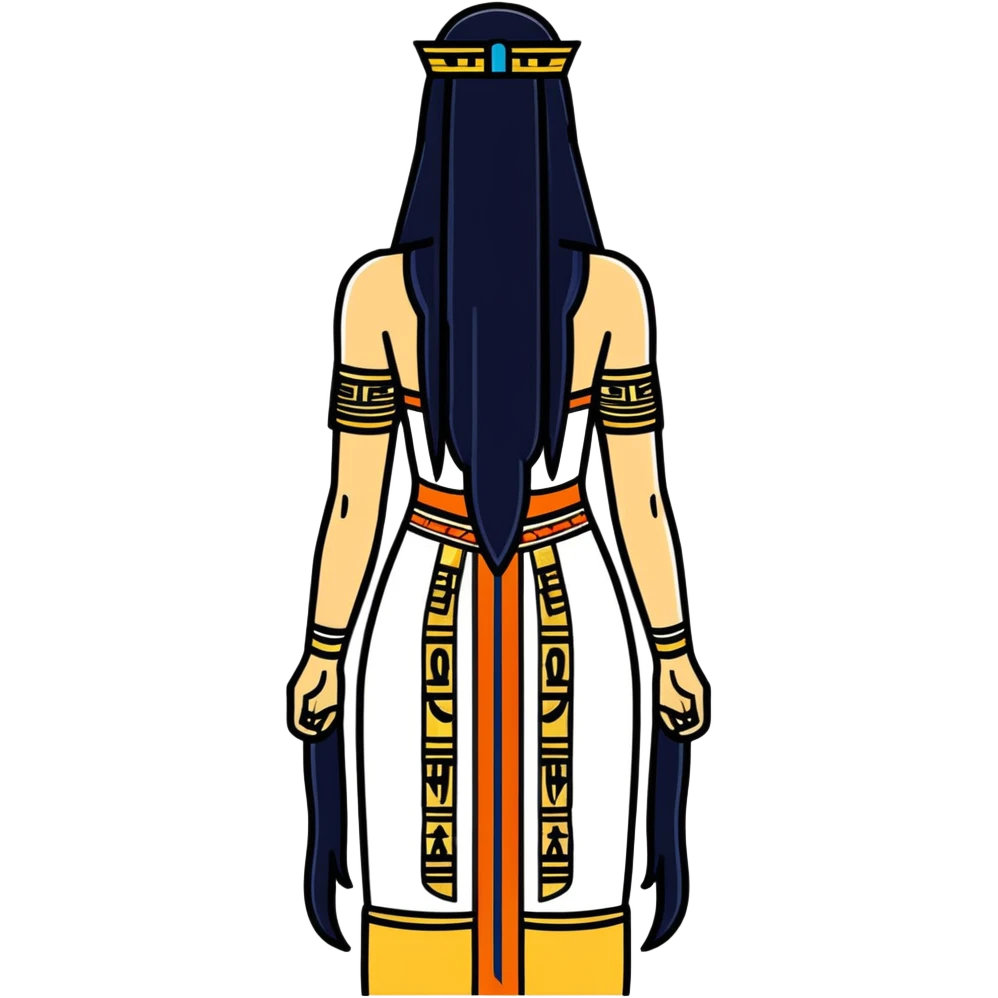 back view of Anunnaki goddess Inanna with straight long black hair and ancient Sumerian symbols embroidered on her ceremonial dress emoji