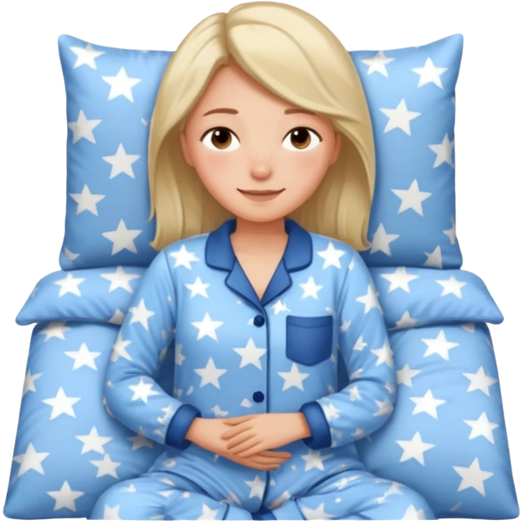 {
      "type": "human",
      "look": "woman in star-print pyjamas, soft blue set, sleepy smile",
      "description": "a woman in soft blue star-print pyjamas smiling sleepily"
    } emoji