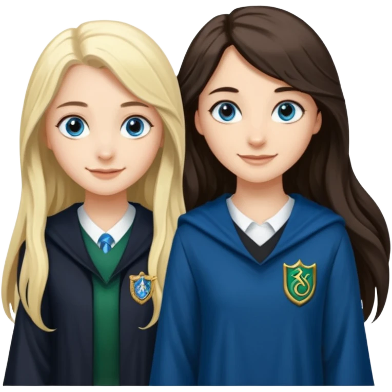 a pretty ravenclaw girl with long dark brown hair and blue eyes standing with a pretty Slytherin girl with long blonde hair, blue eyes emoji
