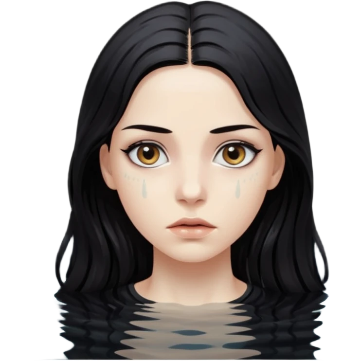 Woman submerged in black water, wet skin and eyes above surface, silent invitation emoji